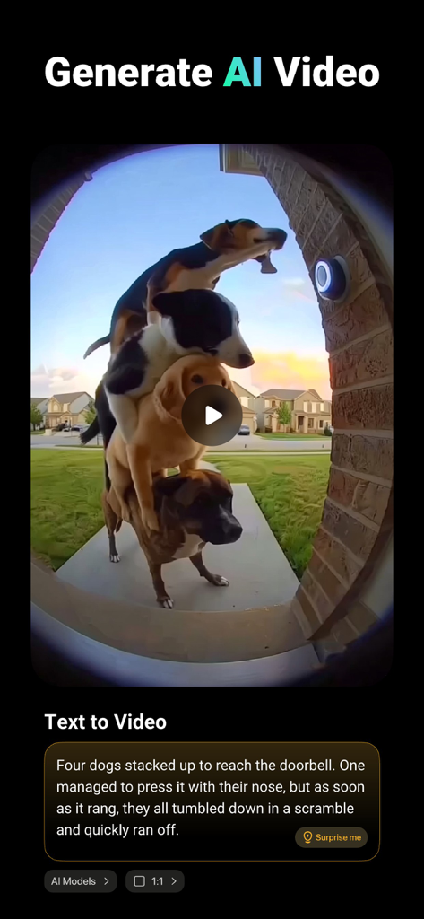 Interface of VideoShow app showing AI video generation from a text prompt about four dogs