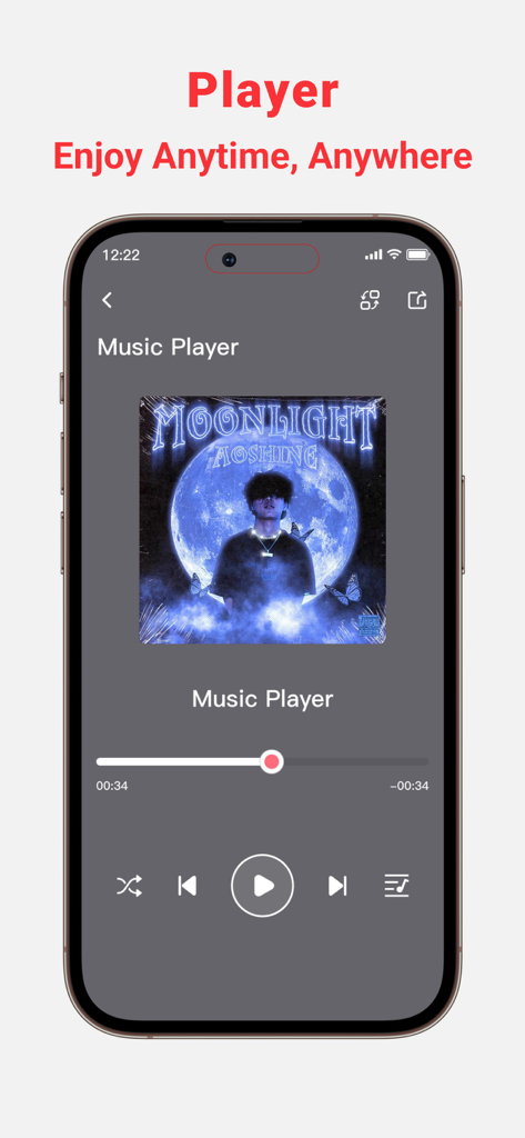 Ein Smartphone, das die Musikplayer-Oberfläche der MP3 Konverter App mit Wiedergabesteuerung und Albumcover anzeigt.