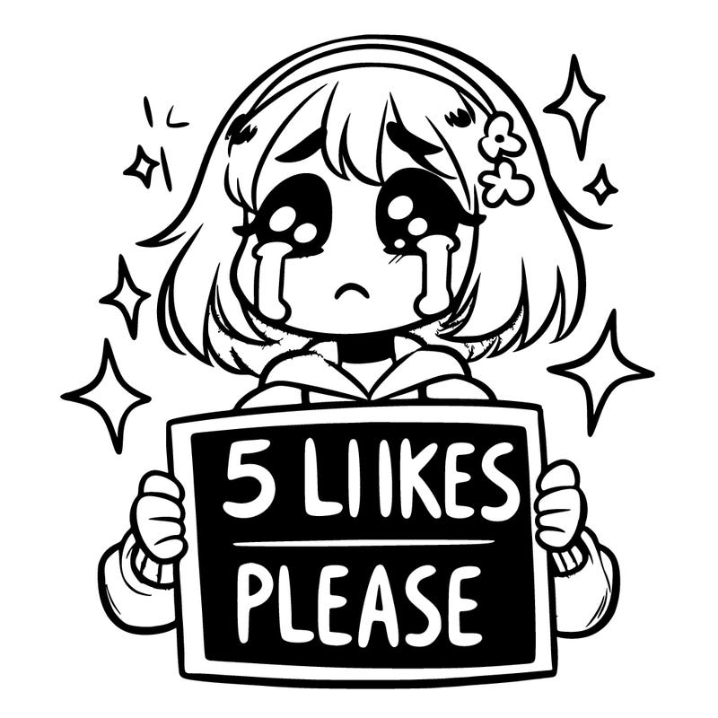 a  crying girl holding a sign that says 5 likes please