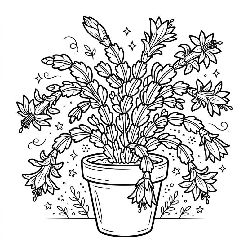 Dive into the festive spirit with our charming Christmas Cactus coloring page, specially designed for young artists. Featuring a beautiful potted plant with clear lines and delightful details, it's perfect for sparking creativity.