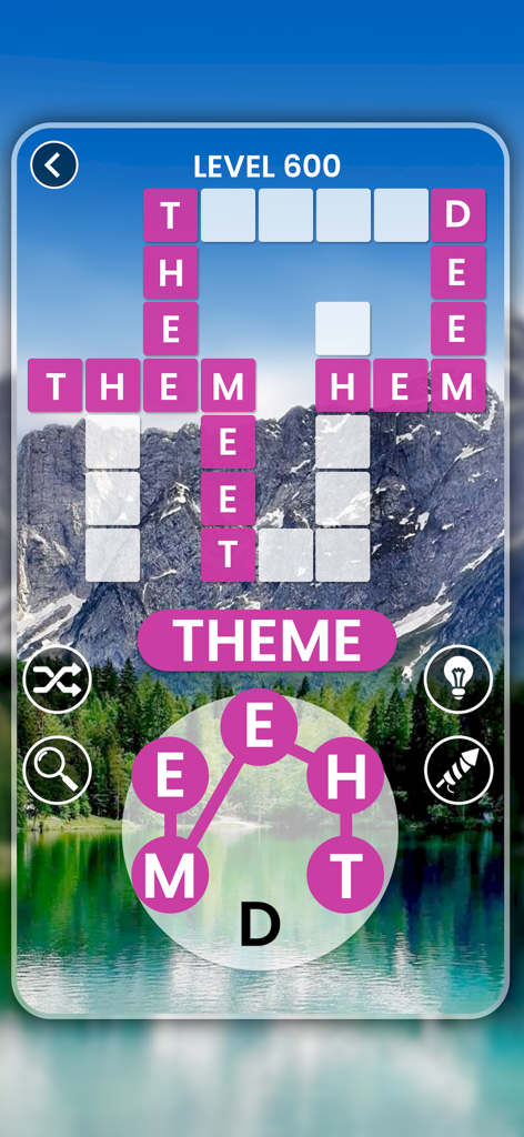 Word Crossy - Brain Word Game - Crossword puzzle level with a mountain background in Word Crossy