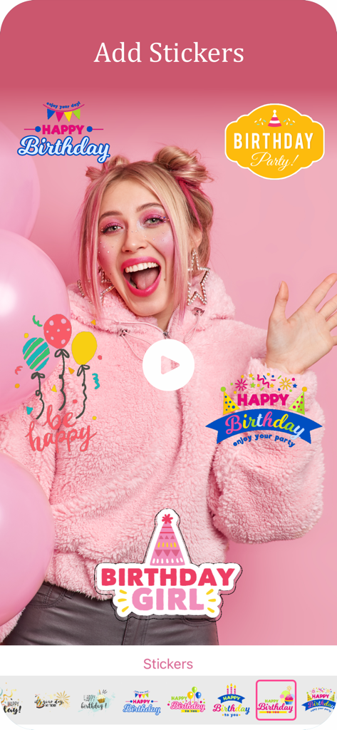 Happy Birthday Video Maker - Interfaz de la aplicación Happy Birthday Video Maker que muestra cómo agregar pegatinas de cumpleaños coloridas a una foto.