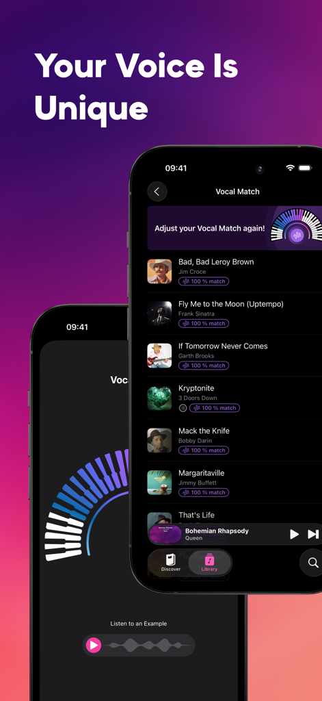 KaraFun – Karaoke & Music Quiz - KaraFun mobile app interface showing the Vocal Match feature with personalized song recommendations based on the user's voice.