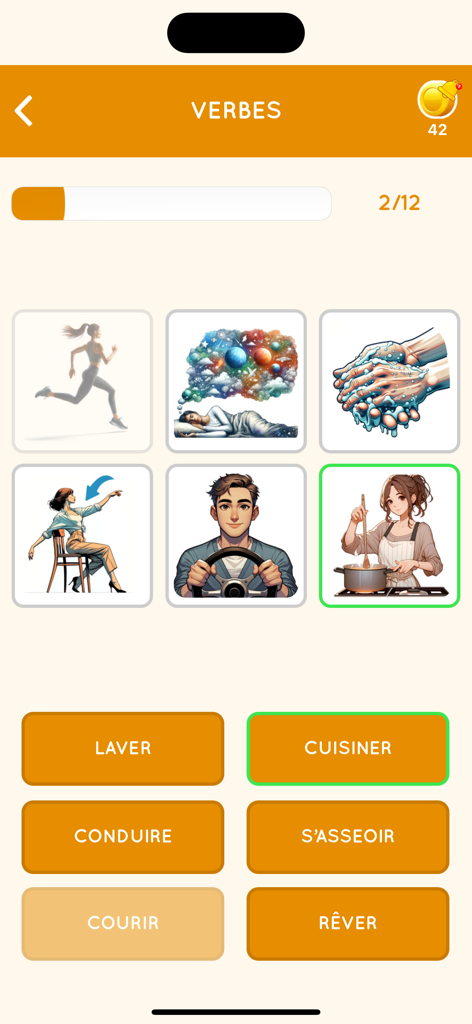 A visual matching game for learning French verbs with images and buttons