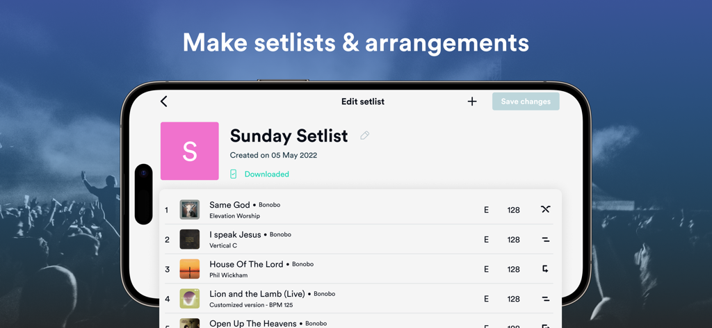 Prime MultiTrack App - Interface of the Prime MultiTrack App showing the Sunday setlist and song arrangement screen on a mobile device.
