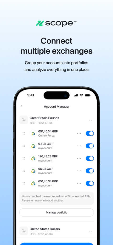 Scope 360° FX - Scope 360 FX app interface displaying the account manager with multiple connected trading accounts and portfolios