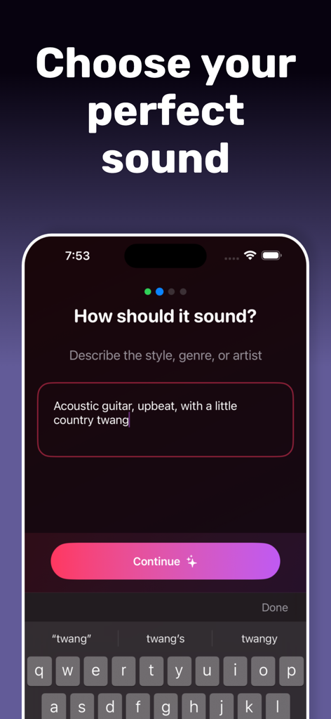 Jamify app screen for choosing a musical style by typing a description like acoustic guitar.