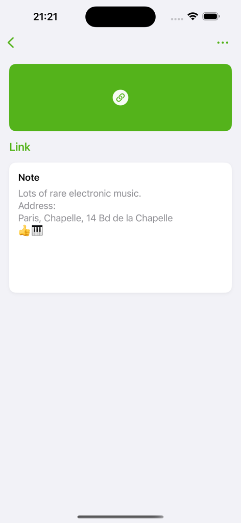 Interface of the Linkdrop app showing a detailed view of a saved link with an added personal note
