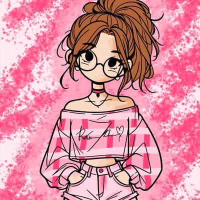 girl with a messy ponytail glasses a baggy crop top and jean shorts