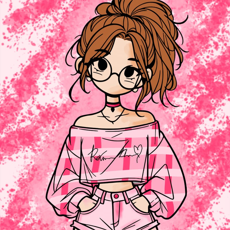 girl with a messy ponytail glasses a baggy crop top and jean shorts