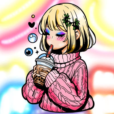 manga girl drinking boba in cozy sweater