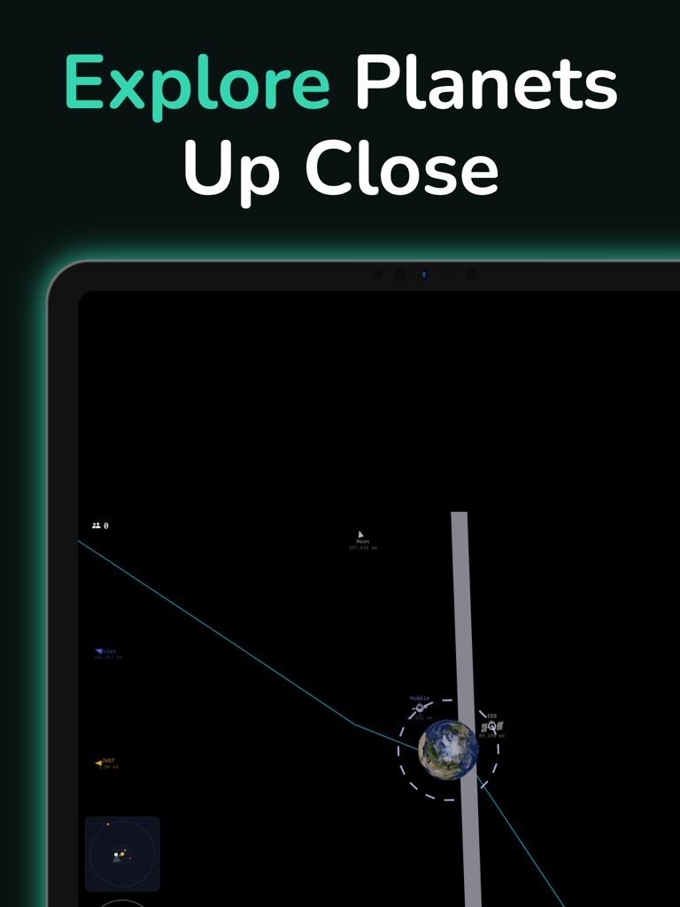 ArtemisLive - Interface do aplicativo ArtemisLive para iPad mostrando uma visão 3D da Terra e satélites para exploração planetária
