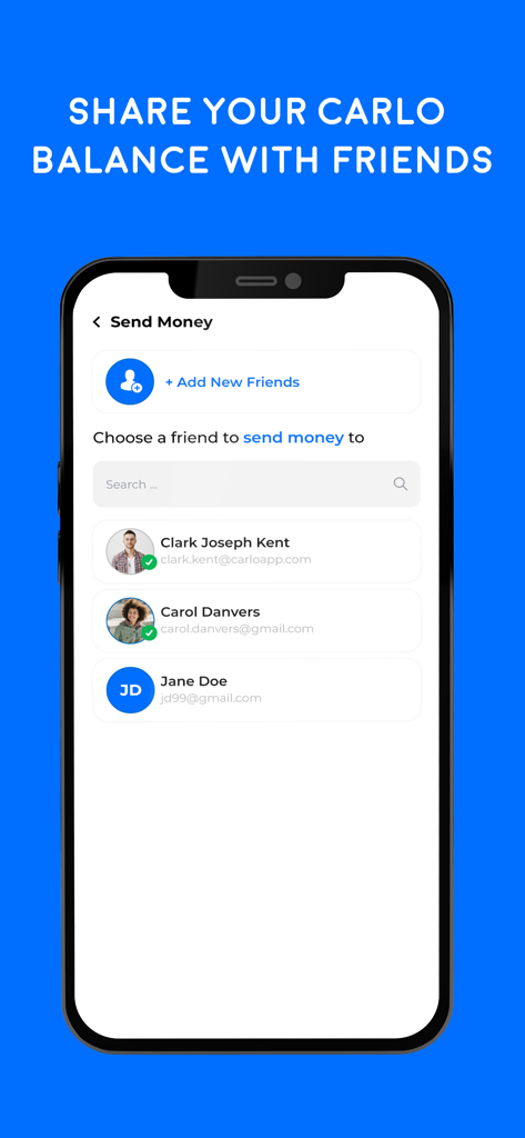 Carlo App - Smartphone screen showing the Carlo app interface to send money and share balance with friends