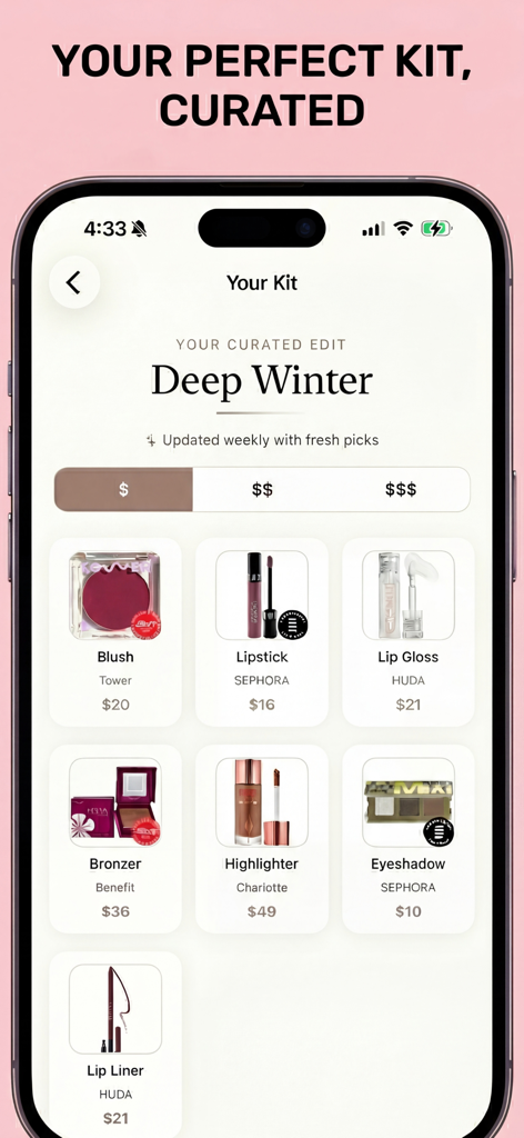 A curated makeup kit for the Deep Winter seasonal color analysis showing recommended beauty products and brands within the Solene app.