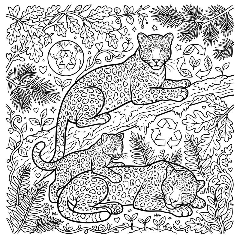 Dive into a world of conservation with this beautiful coloring page, showcasing the rare Amur leopards in their lush habitat. Perfect for celebrating Earth Day while learning about wildlife protection and ecosystems.