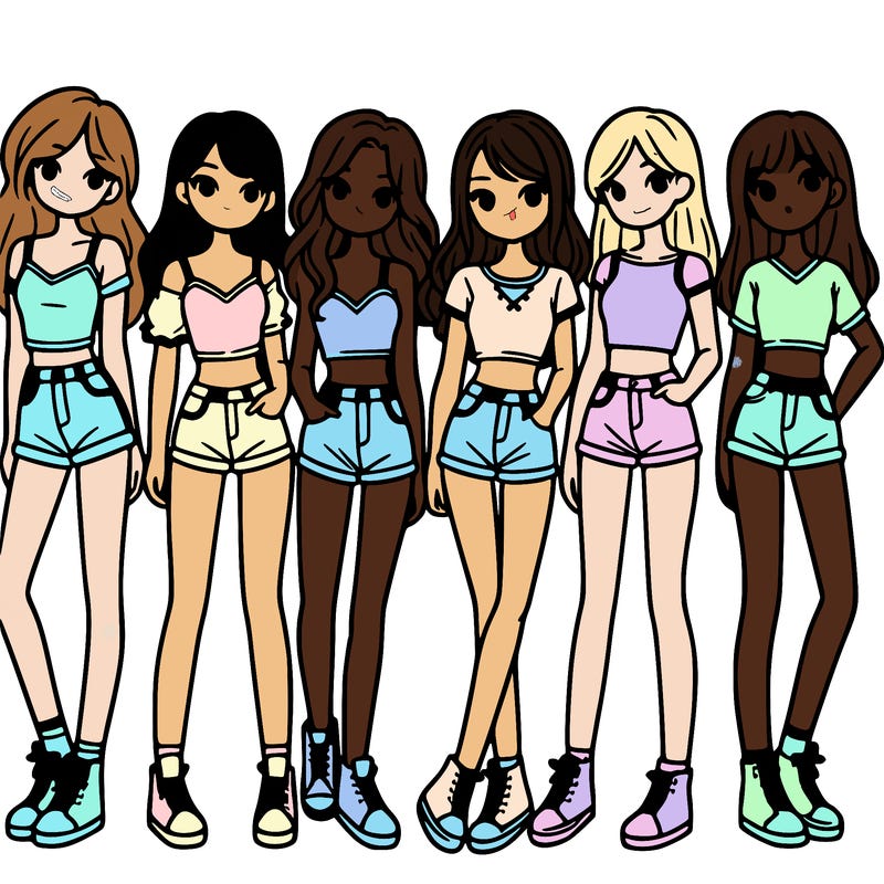 a group of girls wearing crop tops and shorts