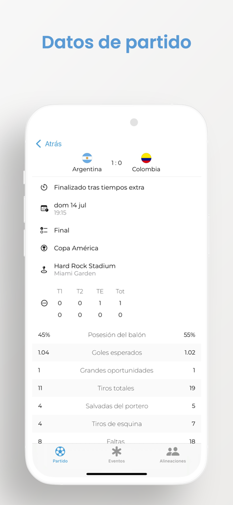 Liga Fútbol: Argentina - Detailed soccer match statistics for Argentina vs Colombia showing ball possession and shots in the Liga Futbol Argentina app.