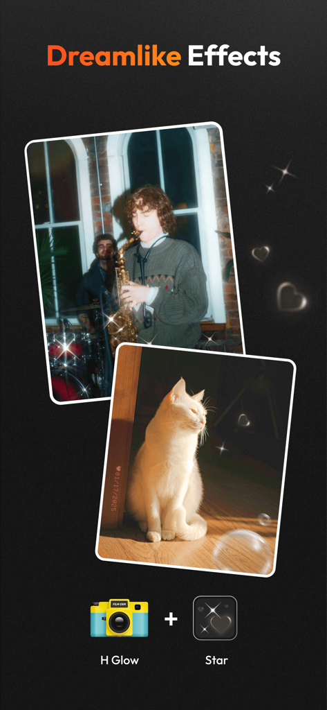 Una muestra de efectos de foto vintage de ensueño que incluyen brillo suave y estrellas brillantes aplicados a tomas de estilo de vida.