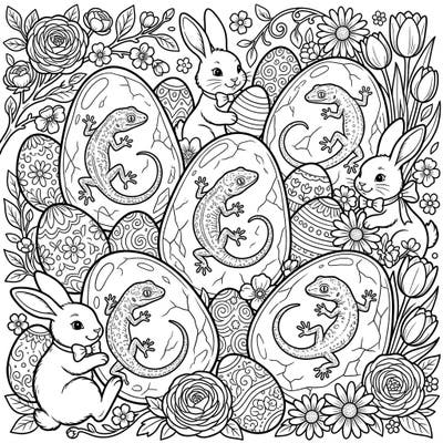Unleash your creativity with this enchanting Easter coloring page, featuring fascinating amber lizards tucked inside decorative eggs. Surrounded by frolicking bunnies and vibrant spring blossoms, it offers a delightful challenge for all ages.