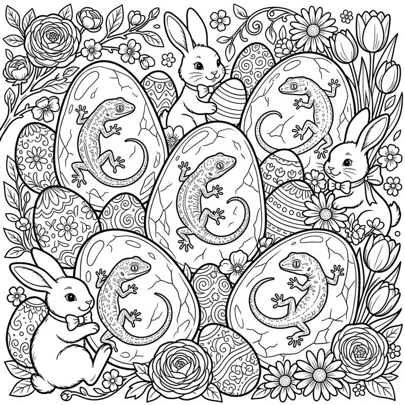 Unleash your creativity with this enchanting Easter coloring page, featuring fascinating amber lizards tucked inside decorative eggs. Surrounded by frolicking bunnies and vibrant spring blossoms, it offers a delightful challenge for all ages.