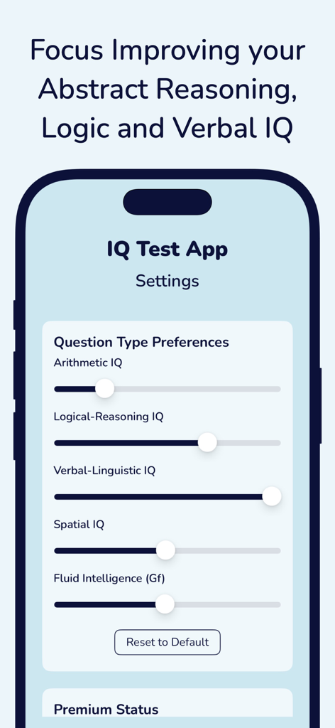 IQテストアプリの設定画面に、論理、空間、言語推論を含むさまざまな質問タイプの調整可能なスライダーを表示