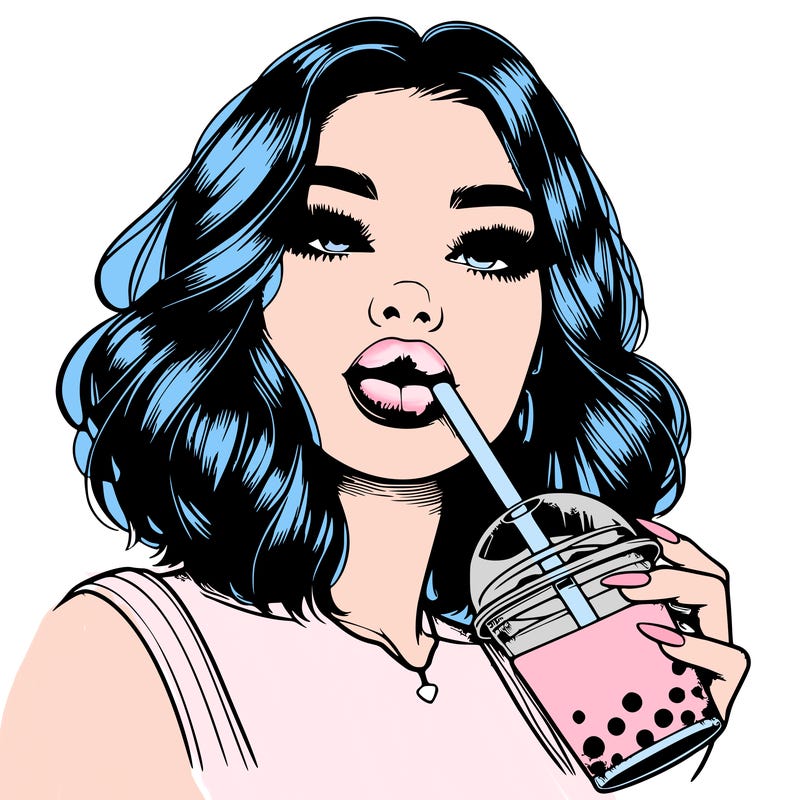realistic girl with glossy lips holding boba