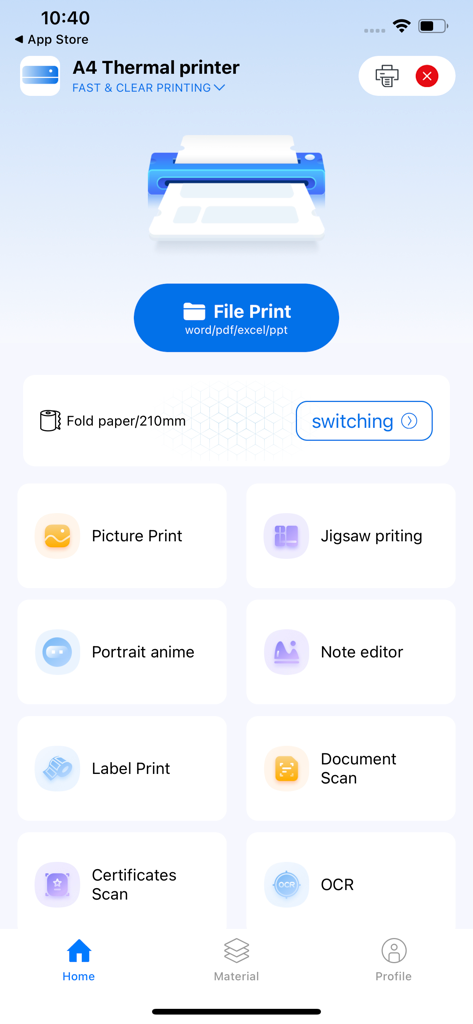 Luck Jingle - Pantalla de inicio de la app Luck Jingle con opciones de impresión térmica para archivos y etiquetas