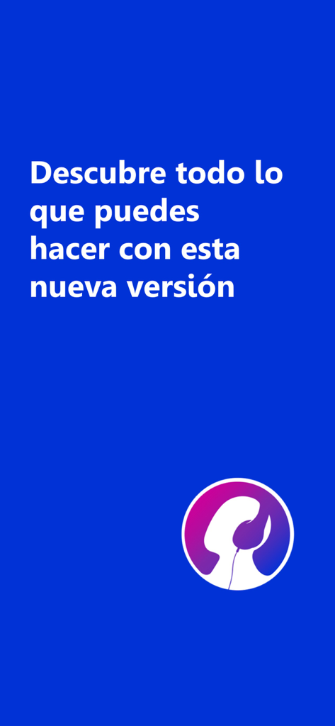Oigo – Radios fm, podcasts - Pantalla de presentación de la aplicación Oigo con fondo azul, logo blanco y texto sobre el descubrimiento de nuevas funciones