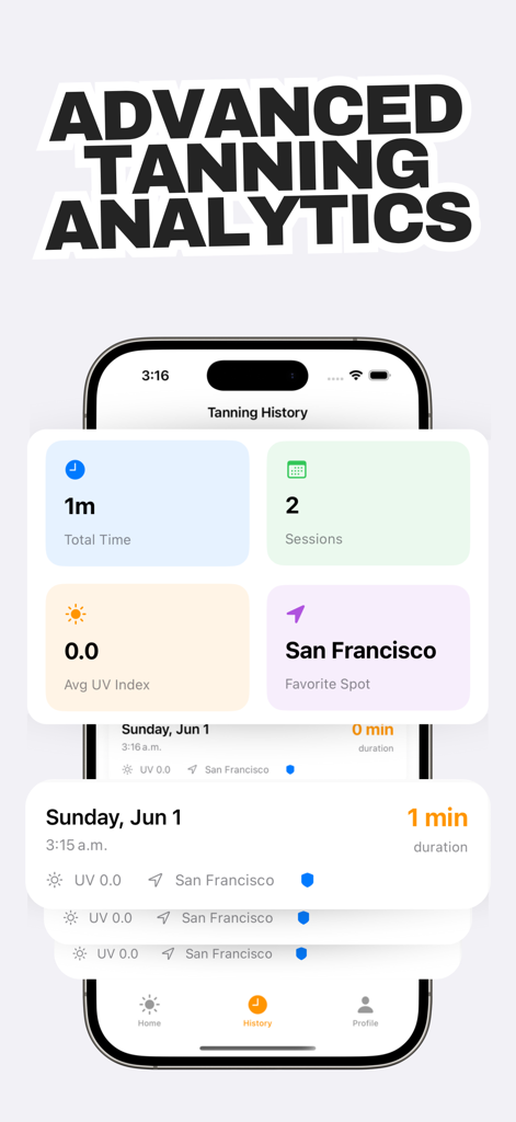 Smartphone screen showing the Sunglow Tanning App history dashboard with advanced analytics for total tanning time, number of sessions, and average UV index.