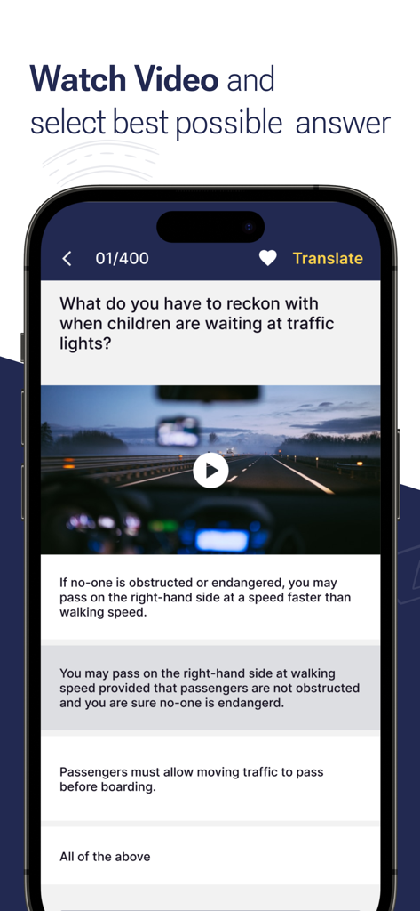 Mobile app interface of License Theory showing a driving exam question with a video prompt and multiple choice answers
