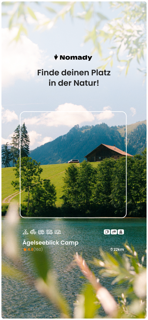 Nomady app displaying a private alpine camping spot with mountain and lake views