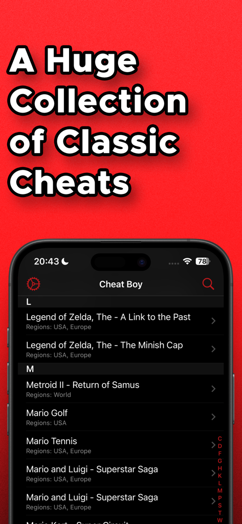 Captura de pantalla de la aplicación Cheat Boy que muestra una lista buscable de trucos para juegos retro clásicos