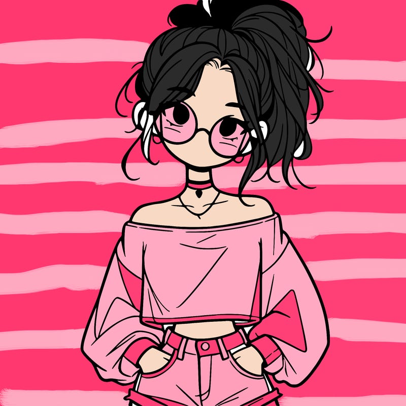 girl with a messy ponytail glasses a baggy crop top and jean shorts