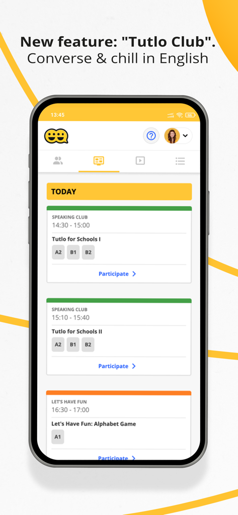 Mobile screen showing the Tutlo Club feature with a schedule of upcoming English speaking sessions and educational games