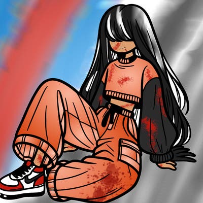 a girl with baggy pants and a crop top with long hair