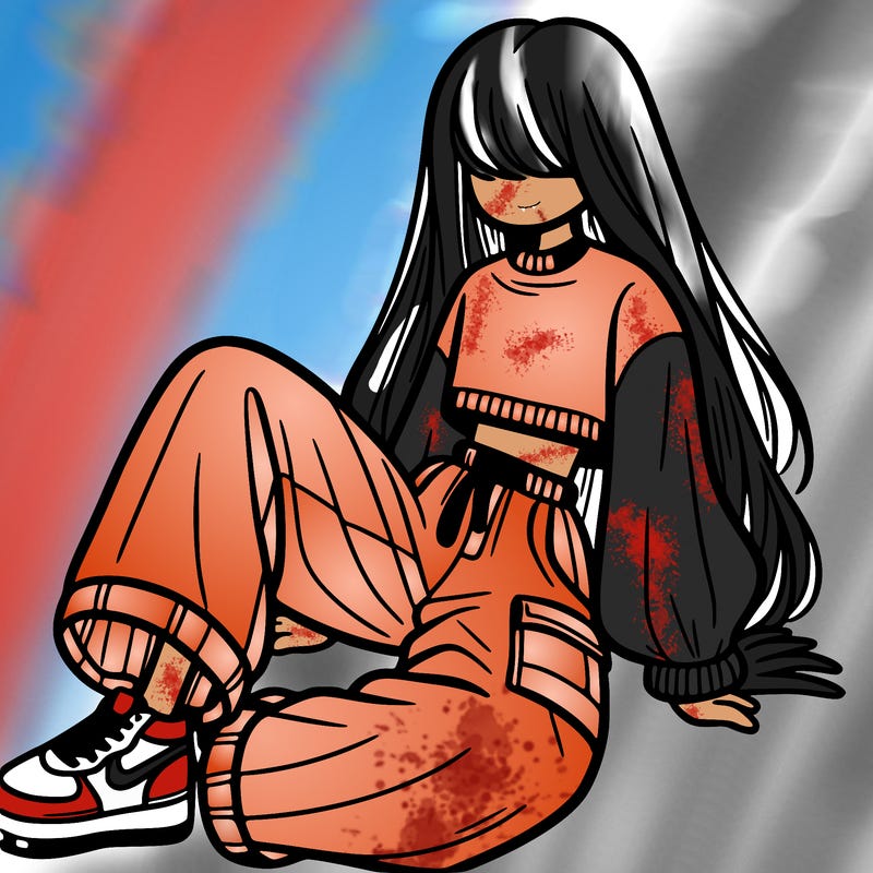 a girl with baggy pants and a crop top with long hair