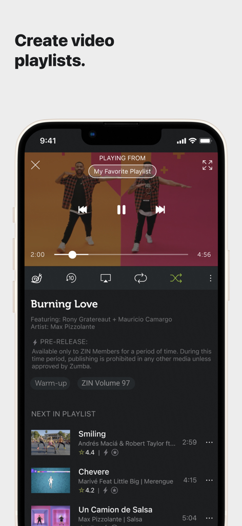 ZIN Play mobile app screen showing video playlists and choreography playback for Zumba instructors