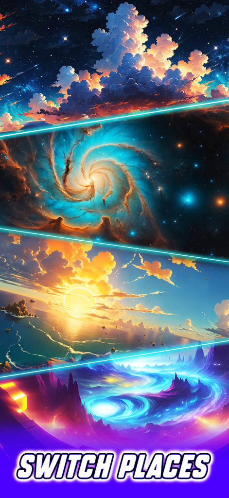 Music Games - Piano Beat Games - Four vibrant game backgrounds featuring galaxy sunset and neon cyber themes