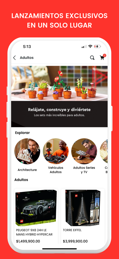Interface of the official LEGO Chile app showing adult sets and categories like Architecture and Vehicles.