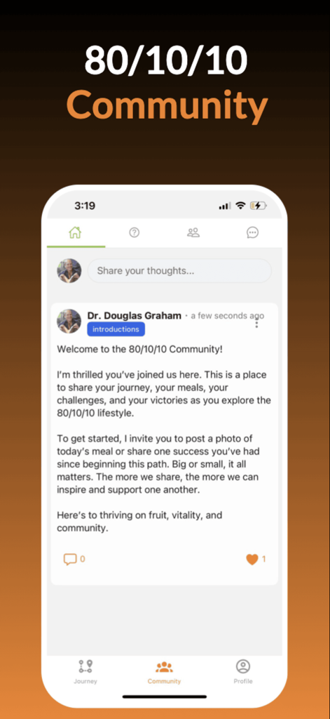 Community feed in the 80 10 10 Diet app showing a post by Dr Douglas Graham