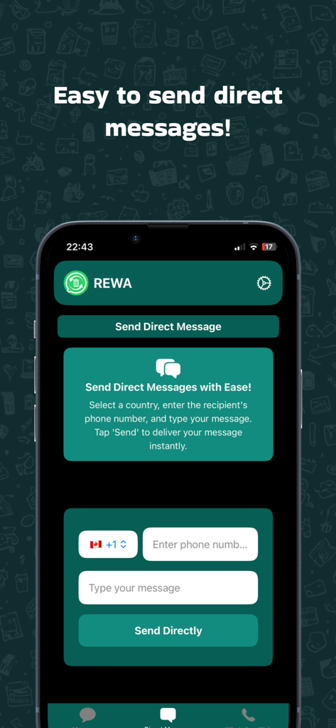 REWA: Backup Messages Pro - Pantalla de la aplicación REWA para enviar mensajes directos sin guardar contactos