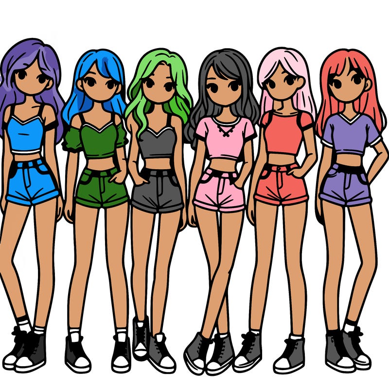 a group of girls wearing crop tops and shorts