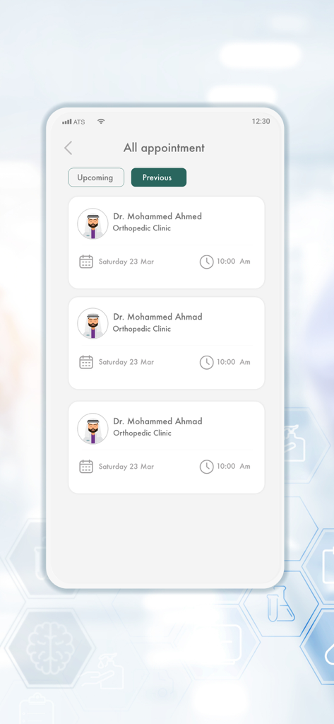 Screen showing the previous medical appointments list in the Dallah Hospitals app.
