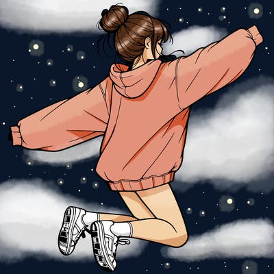 realistic girl jumping with a bun and oversized sweatshirt