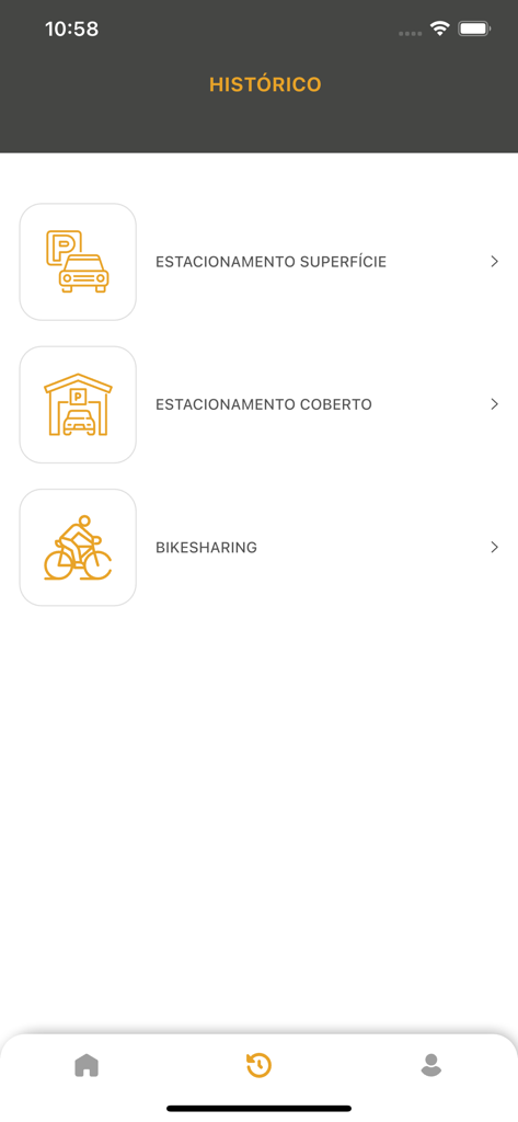 Oeiras Move - Oeiras Move app history screen displaying menu options for surface parking, covered parking, and bike sharing.