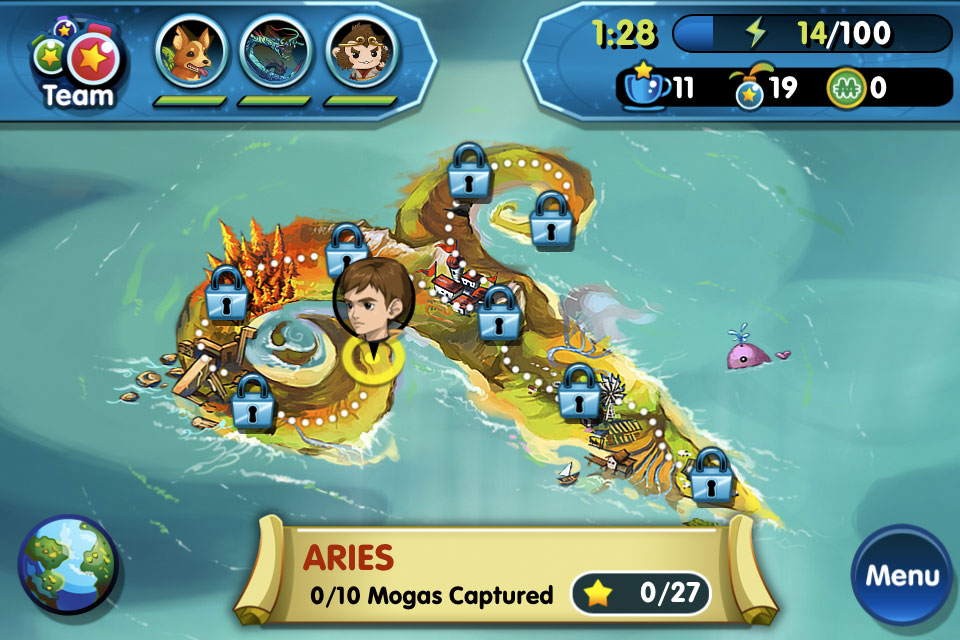 A hand-painted game map of Aries island in Monster Galaxy showing level progression and monster collection stats.
