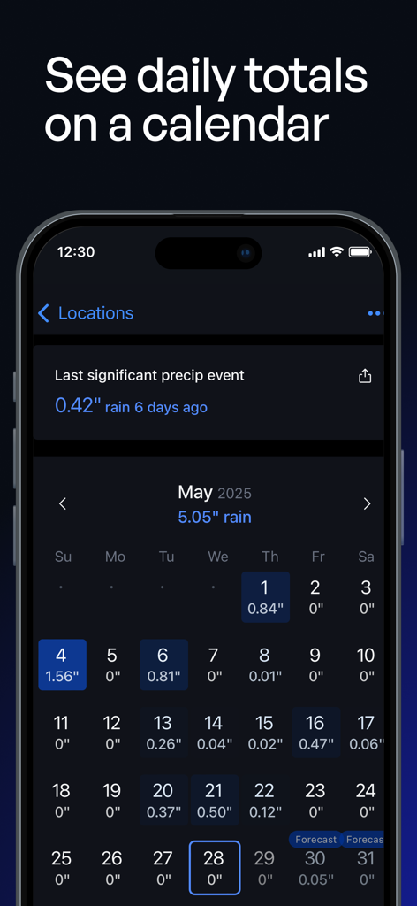 Precip - Rain, Snow & Weather - Vista de calendario mensual de la aplicación Precip que muestra totales de lluvia diarios en pulgadas.