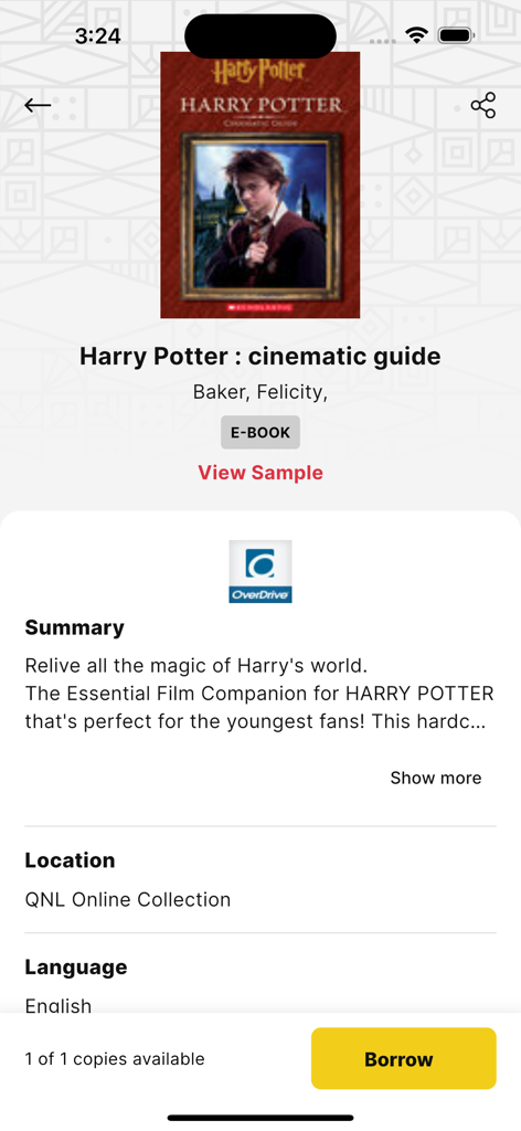 Qatar National Library - Ebook details page for Harry Potter in the Qatar National Library app with a borrow button
