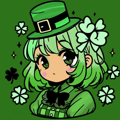 a manga-style girl with clovers around her, a little hat in her hair, like it's saint patrick's day