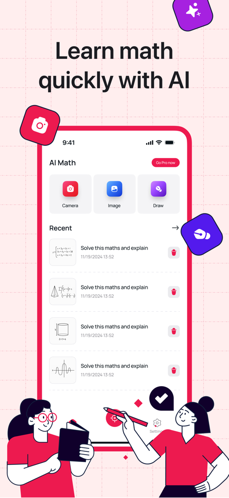 User interface of the Camera Math AI Resolve app showing tools for solving math problems through camera image and drawing